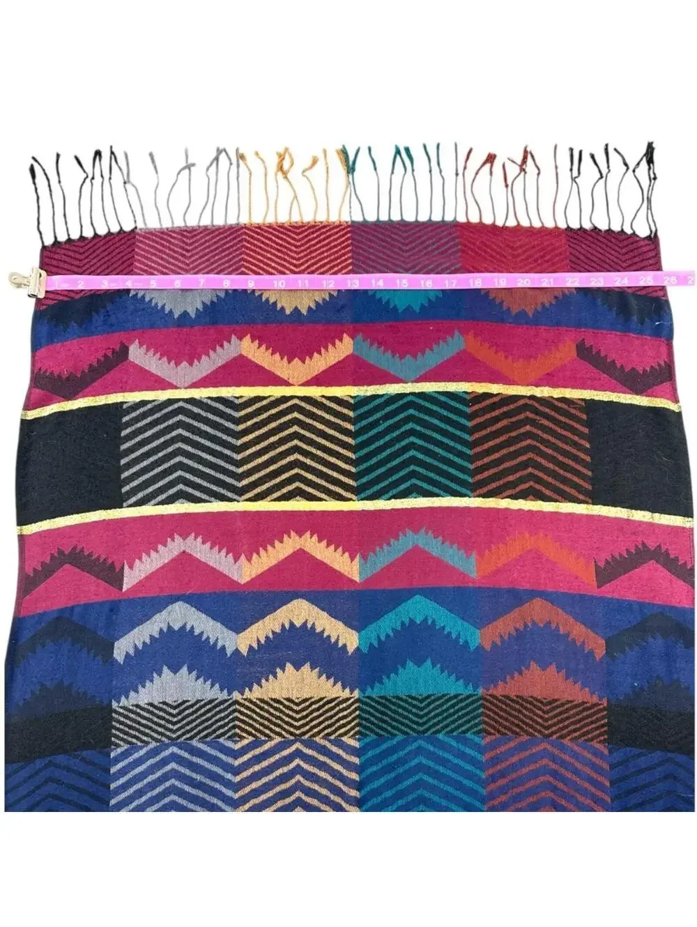 Colorful Geometric Patterned Scarf with Fringe